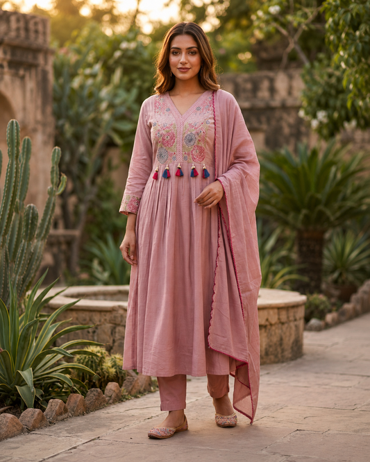 Buy Dusty Rose Mul Cotton Embroidered Anarkali Kurta Set Online | 3-Piece Ethnic Wear for Women