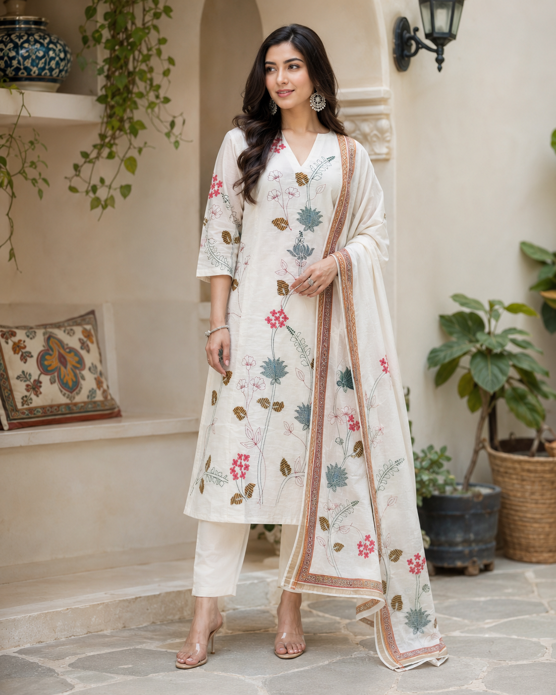 WHITE CHANDERI KURTI SET WITH DIGITAL PRINT DUPATTA