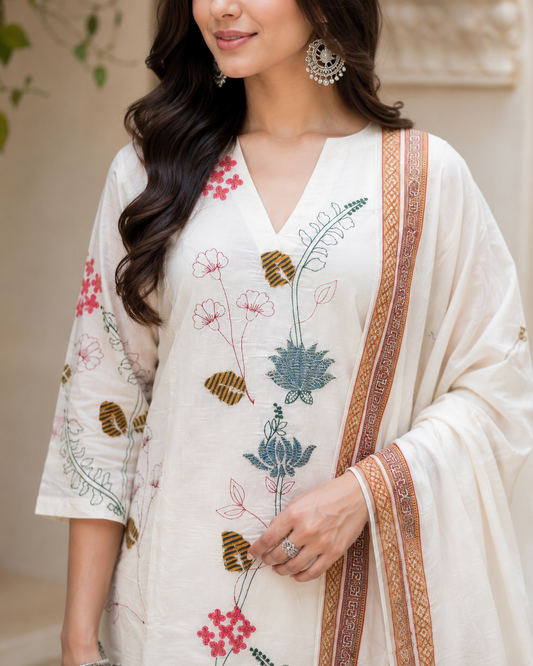 WHITE CHANDERI KURTI  SET WITH DIGITAL PRINT DUPATTA