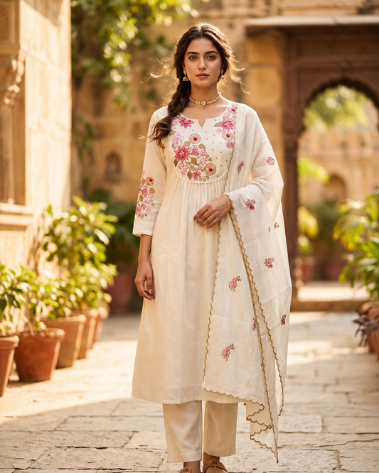 Ivory Mul Chanderi Embroidered Anarkali Kurta Set With Pant & Dupatta