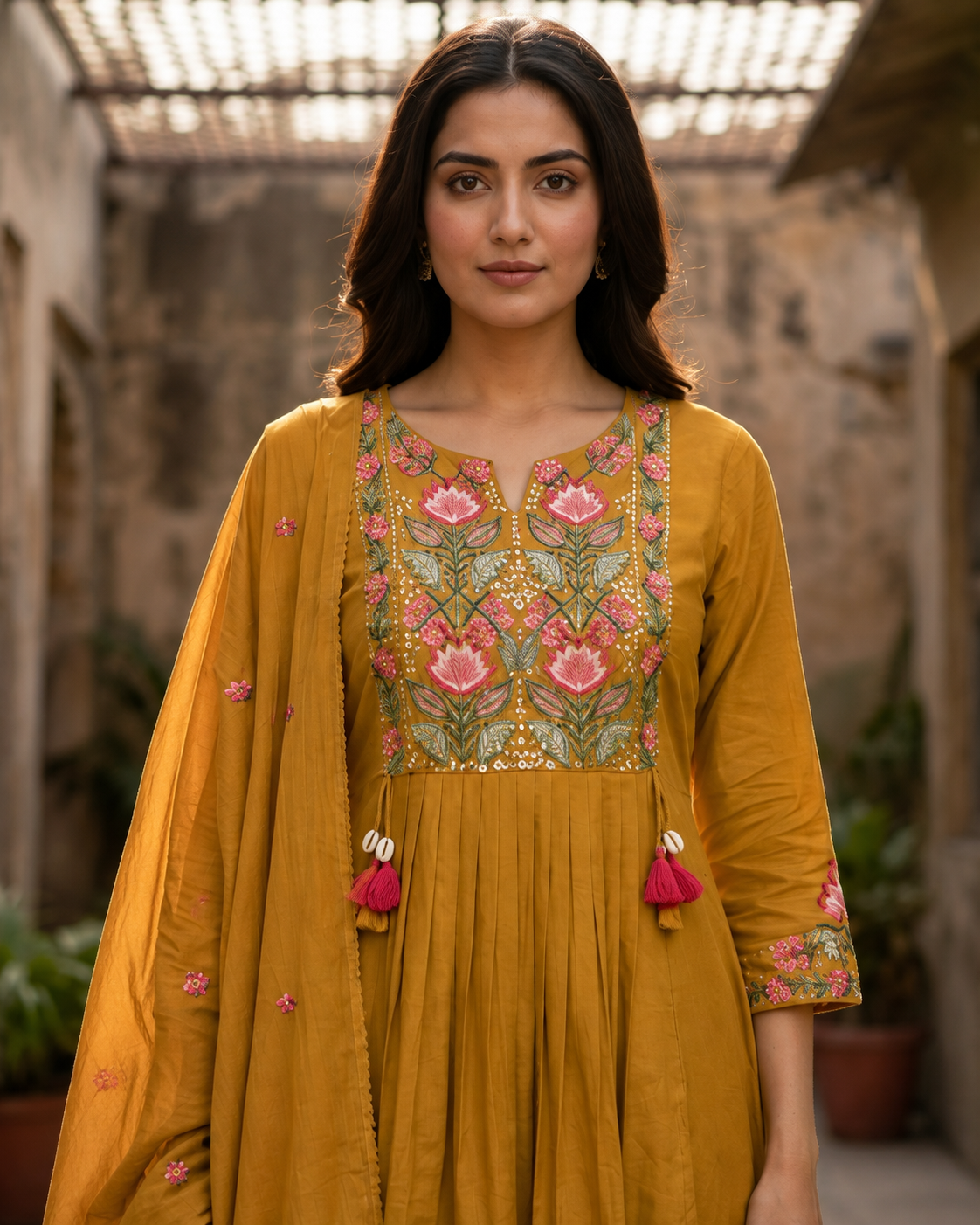Mutard Mul Cotton Embroidered Anarkali Kurta Set