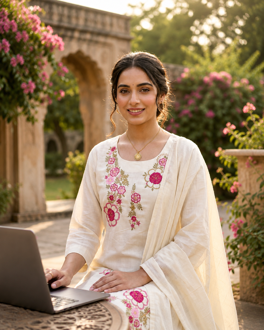 Mul Chanderi Kurta Set with Applique Work &amp; Roman Silk Bottom