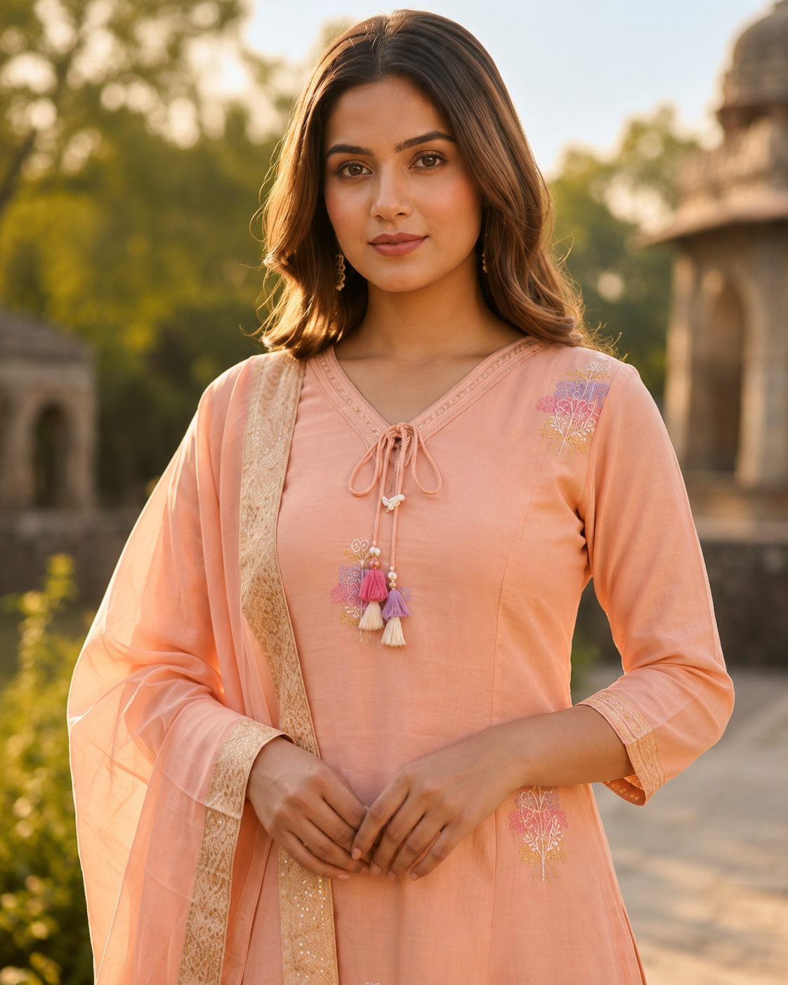 Peach Cotton Embroidered Straight Kurta Suit Set