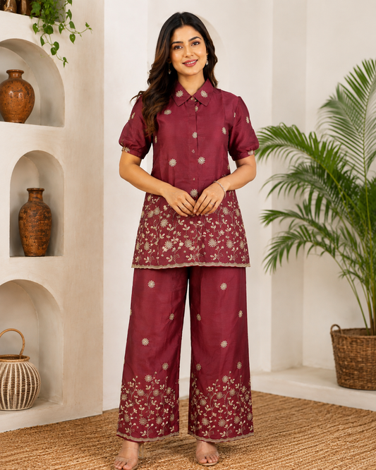 Artisan Hand-Embroidered Maroon Mul Cotton Coord Set | Floral Shirt & Palazzo for Women

