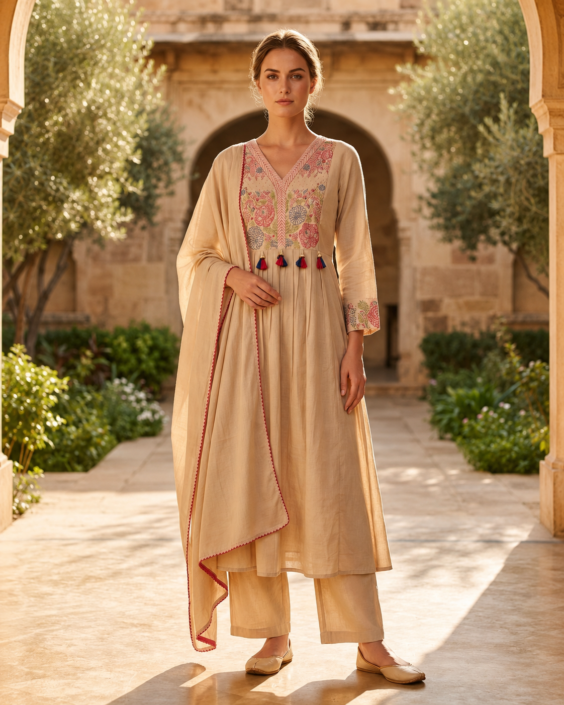 Buy Beige Mul Cotton Embroidered Anarkali Kurta Set Online | Traditional 3-Piece Salwar Suit