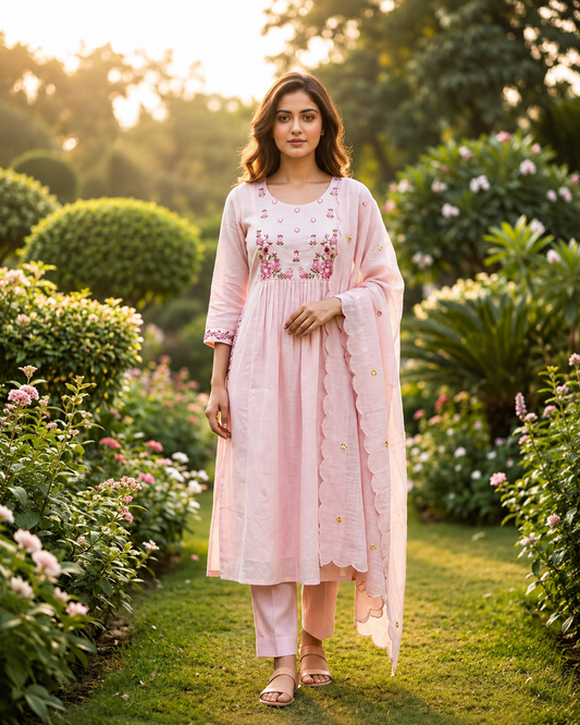 Pink Mul Cotton Embroidered Kurti Pant Dupatta Set | Aanchal Floral 3-Piece Salwar Suit | Festive Ethnic Wear | M to 2XL