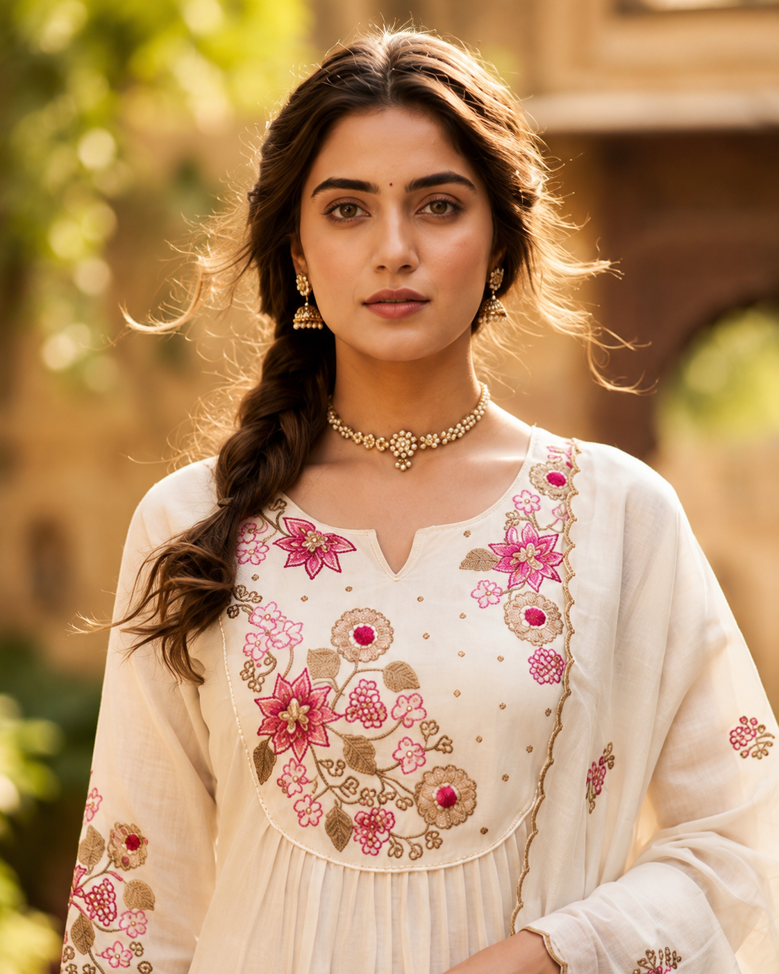Ivory Mul Chanderi Embroidered Anarkali Kurta Set with Roman Silk Pant & Dupatta | Floral Katha Work 3-Piece Suit | M to 2XL