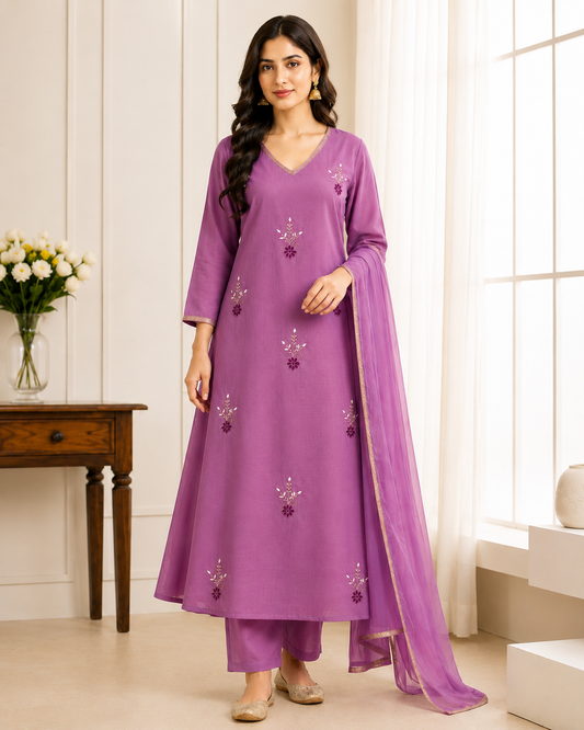 Artisanal Mauve Hand-work Mal Chanderi Kurti Set