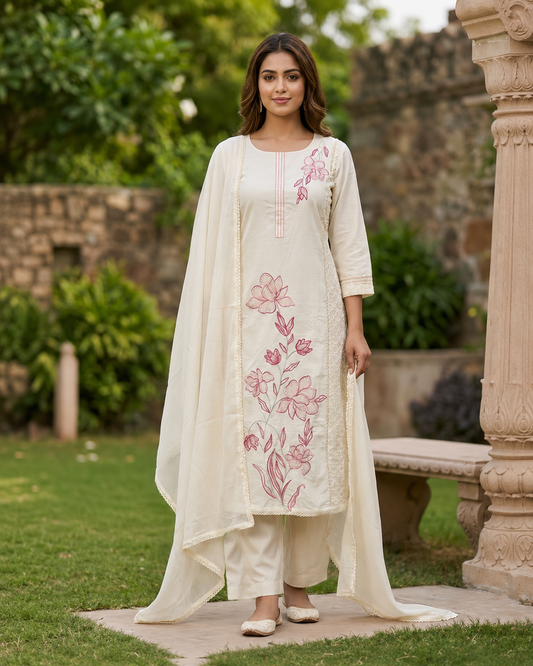 Exclusive Off-White Cambric Cotton Embroidered Kurta Pant Set with Mulmul Dupatta