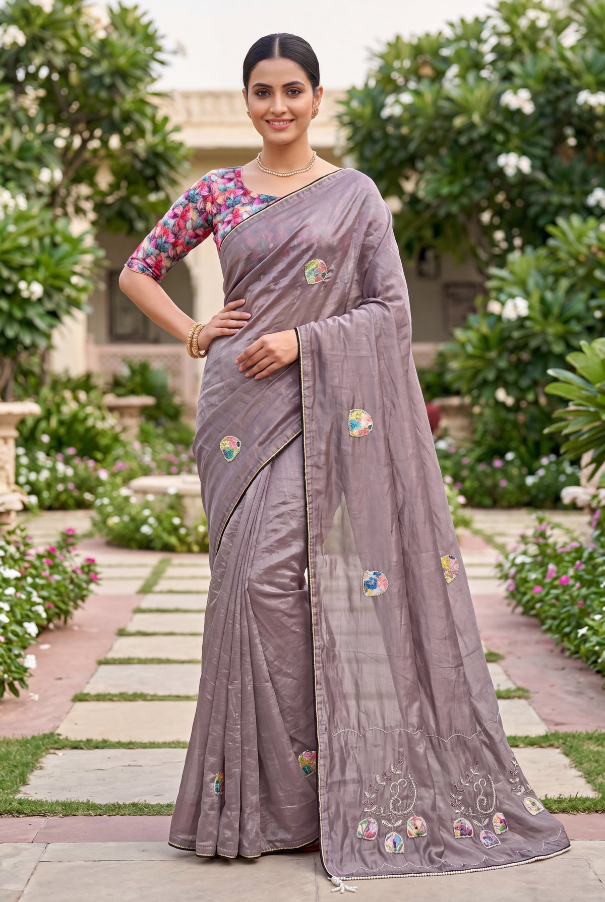 Lavender Handwork Embroidered festive Wear Saree